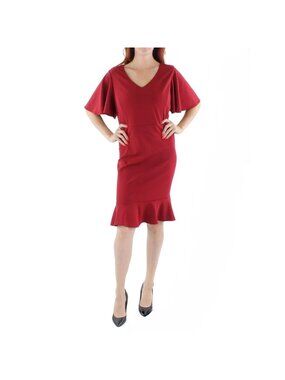 Kasper Sheath Dress Women's XS Red V Neck Flutter Sleeve Trumpet Hem Classic